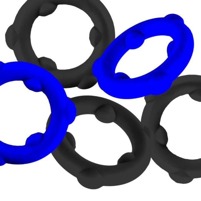Black and blue Oxballs Gearheads silicone rings on a white background
