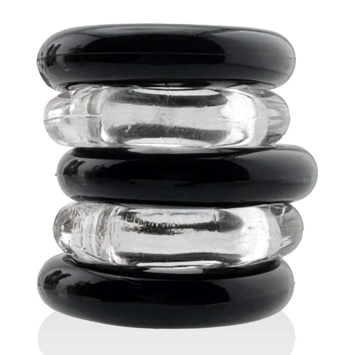 OHünkyjunk Jacker 5-Stack Cock Rings 5-Pack Clear/Black side view of the stack