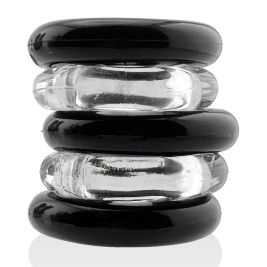OHünkyjunk Jacker 5-Stack Cock Rings 5-Pack Clear/Black side view of the stack