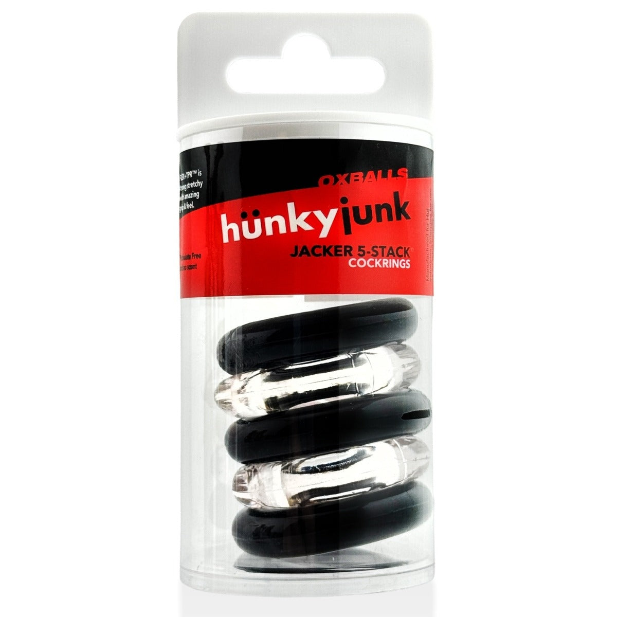 Hünkyjunk Jacker 5-Stack Cock Rings 5-Pack Clear/Black packaging front