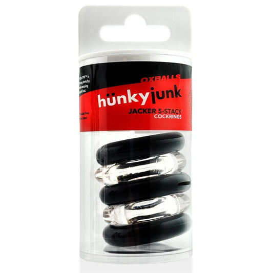 Hünkyjunk Jacker 5-Stack Cock Rings 5-Pack Clear/Black packaging front