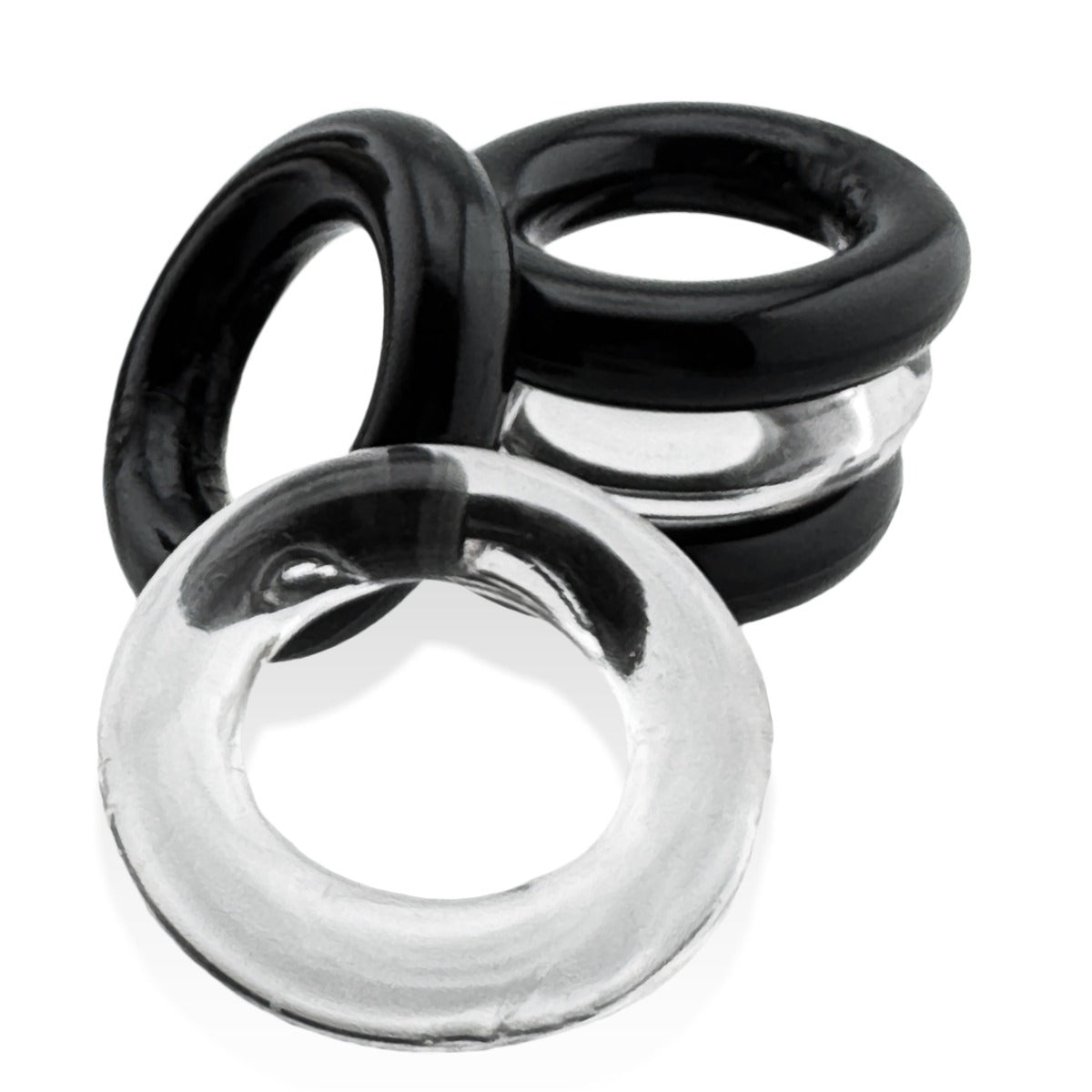 Hünkyjunk Jacker 5-Stack Cock Rings 5-Pack Clear/Black loosely arranged on white background