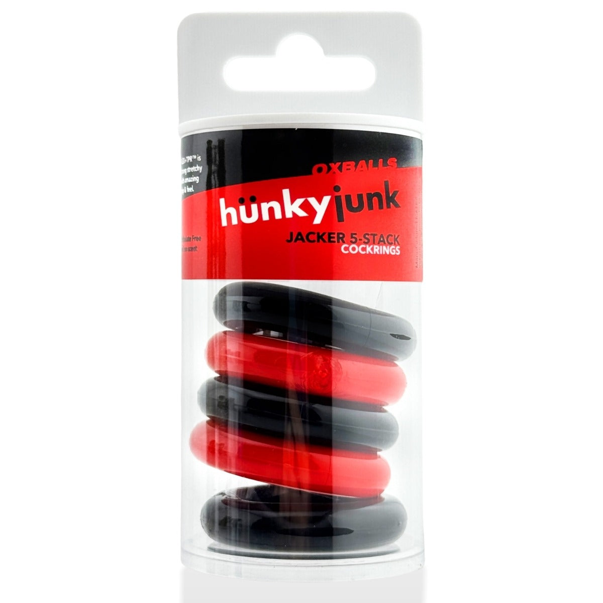 Hünkyjunk Jacker 5-Stack Cock Rings 5-Pack Red/Black packaging
