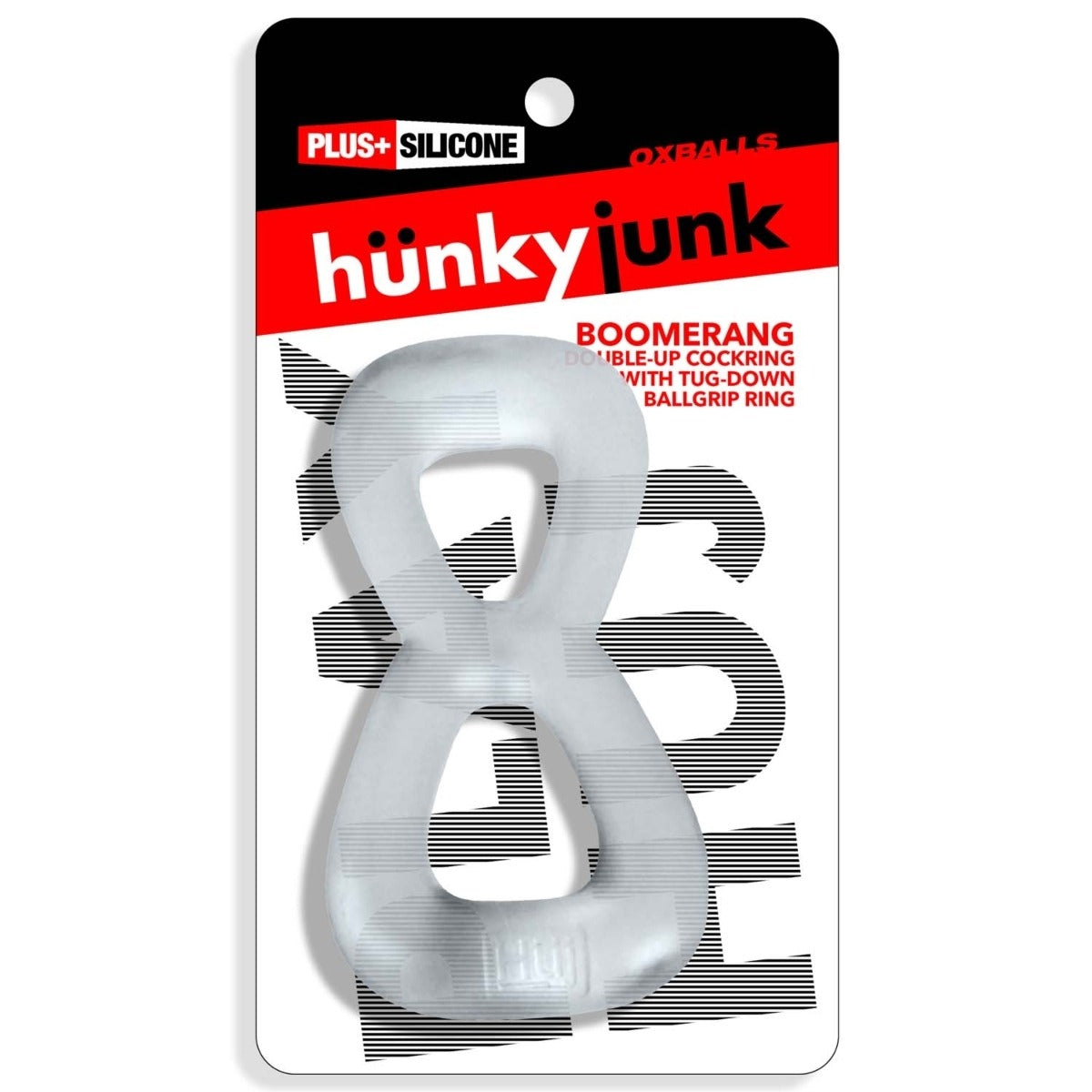 Hunkyjunk Boomerang Double Cock Ring & Ball Stretcher Clear Steam packaging front
