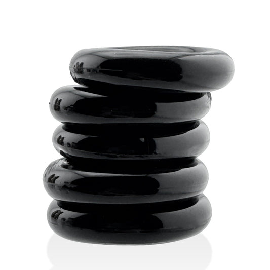 Stack of Hünkyjunk Jacker 5-Stack Cock Rings 5-Pack Black side view
