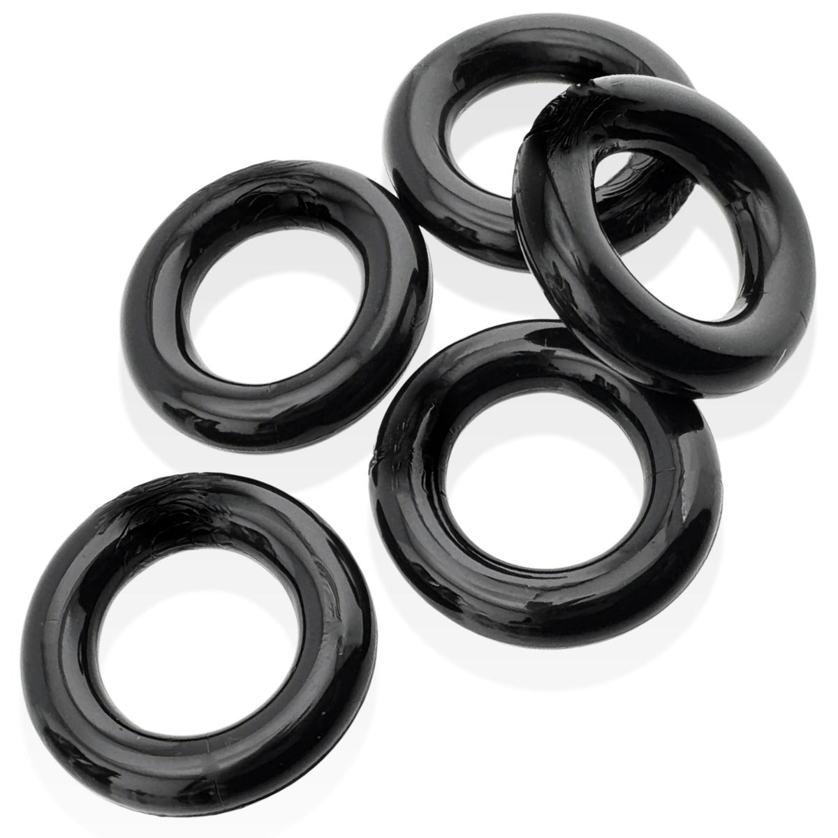 Hünkyjunk Jacker 5-Stack Cock Rings 5-Pack Black spread out on white background