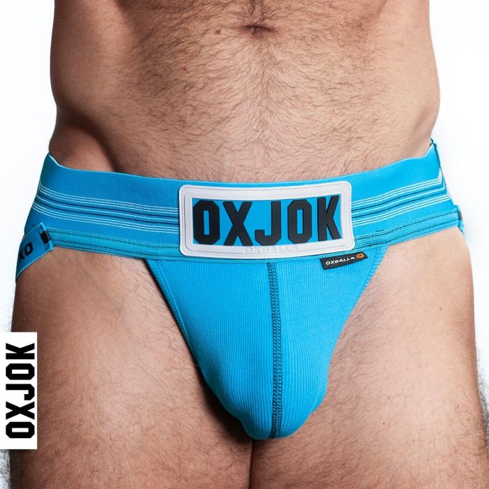 Blue men's jock strap with 'OXJOK' branding on a white background