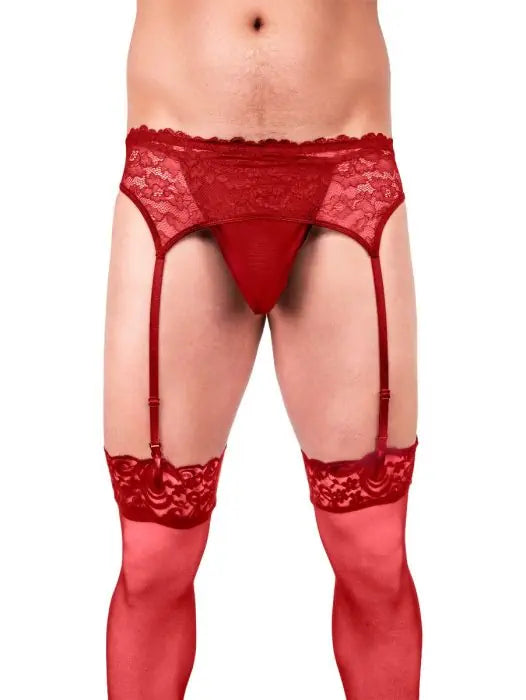 Prowler Red lace male lingerie set on a white background worn by a male model