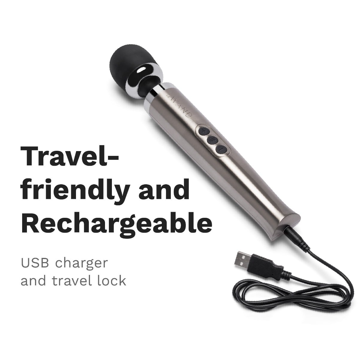 Graphic showing USB rechargeable feature of Le Wand Diecast Rechargeable Massager Silver