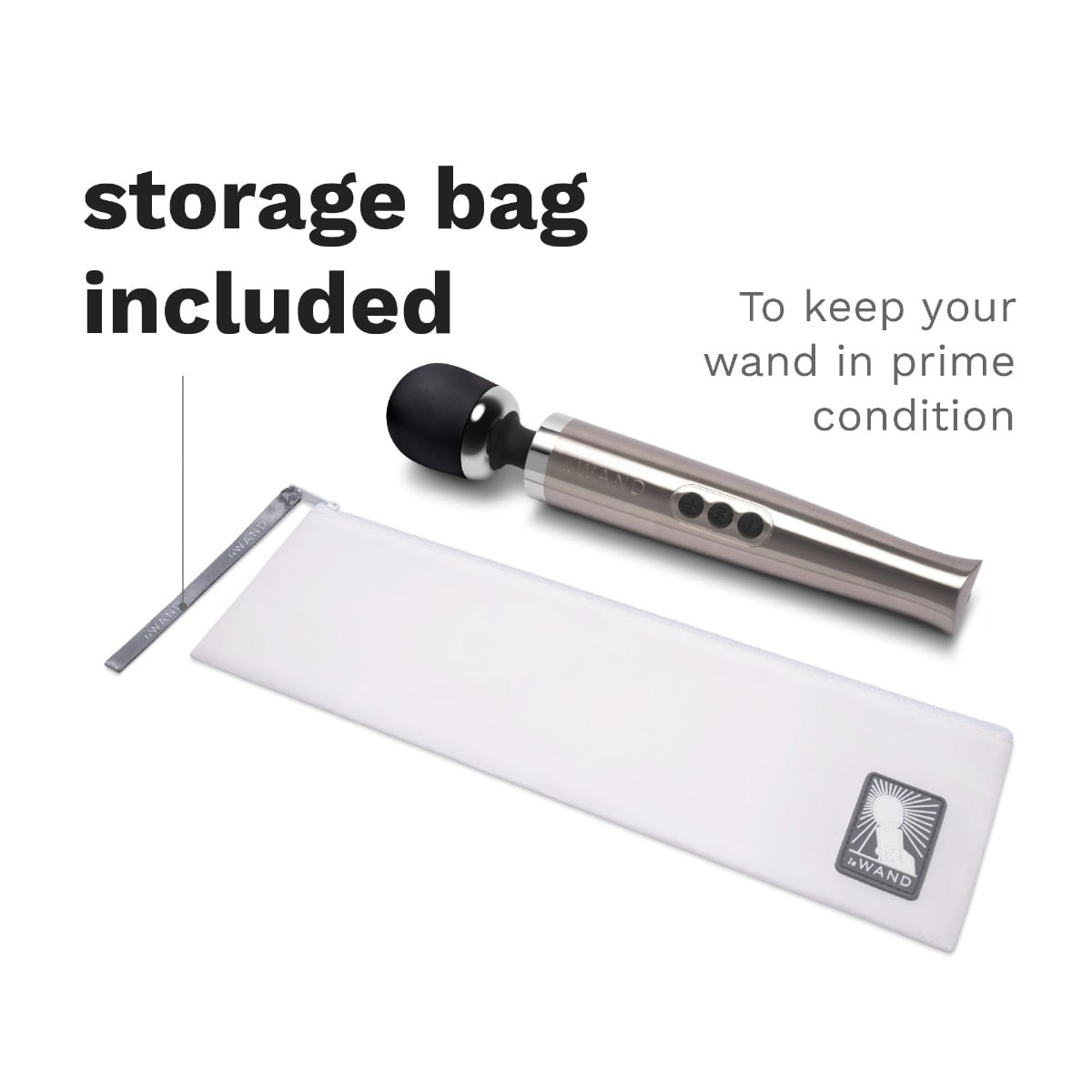 Graphic showing storage bag of Le Wand Diecast Rechargeable Massager Silver