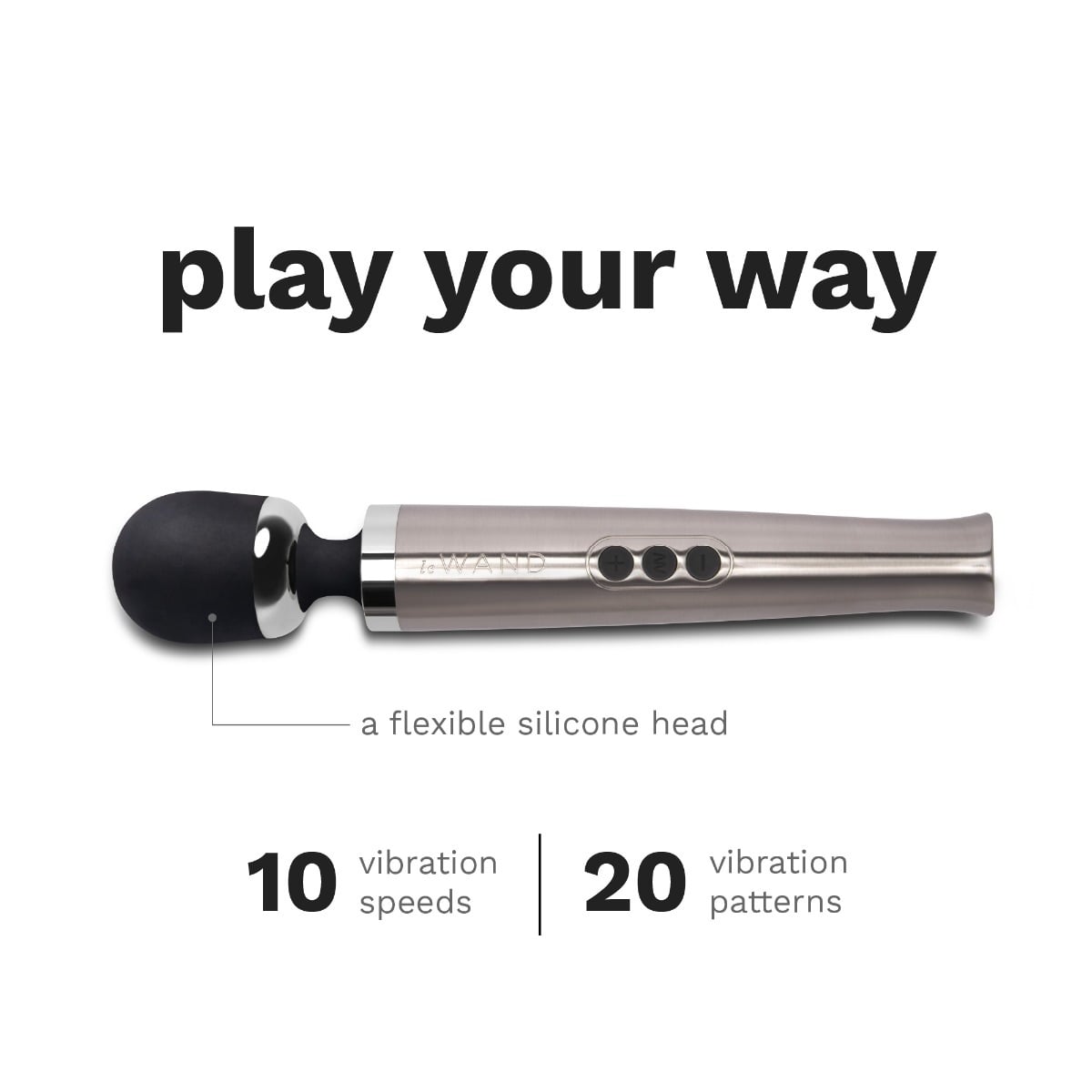 Graphic showing 10 vibration speeds and flexible silicone head of Le Wand Diecast Rechargeable Massager Silver