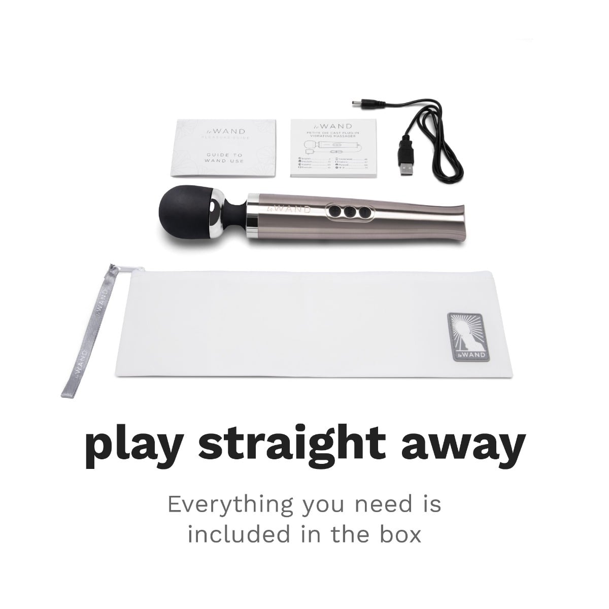 Graphic showing box contents of Le Wand Diecast Rechargeable Massager Silver