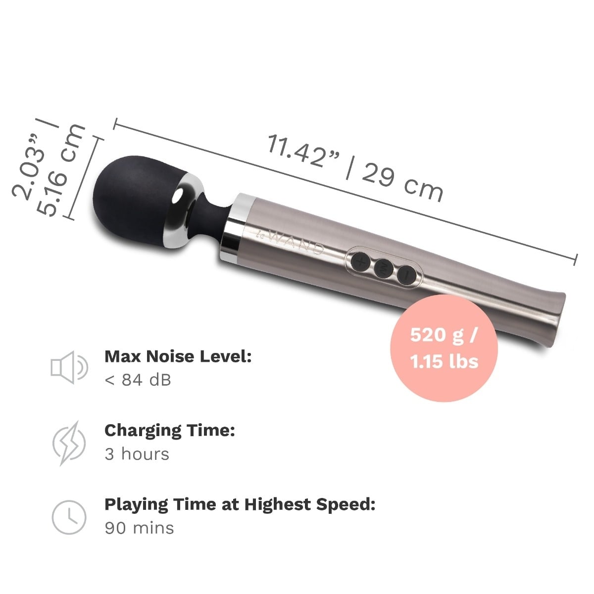 Graphic showing dimensions and sound level of Le Wand Diecast Rechargeable Massager Silver