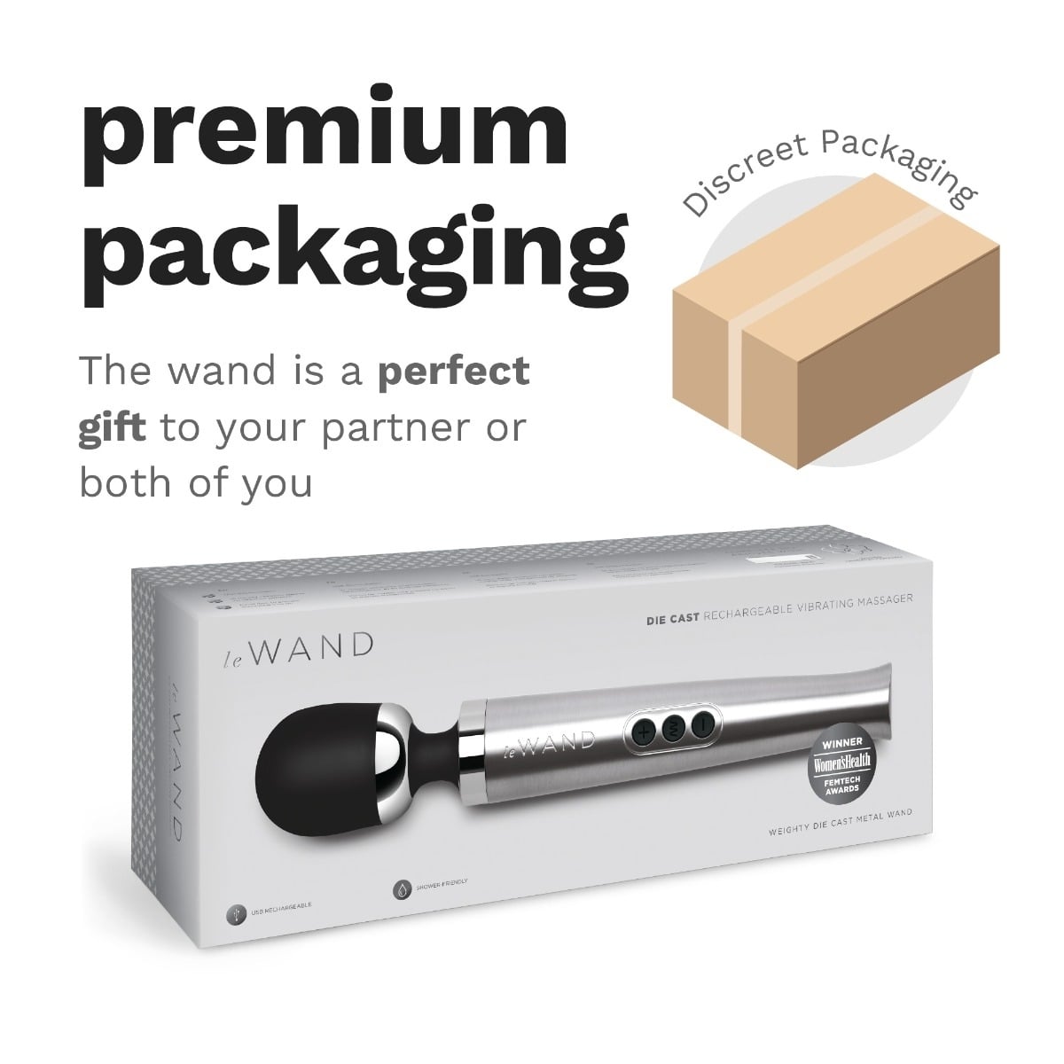 Graphic showing discreet packaging of Le Wand Diecast Rechargeable Massager Silver