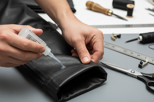 leather jeans having the leg hems shortened using glue