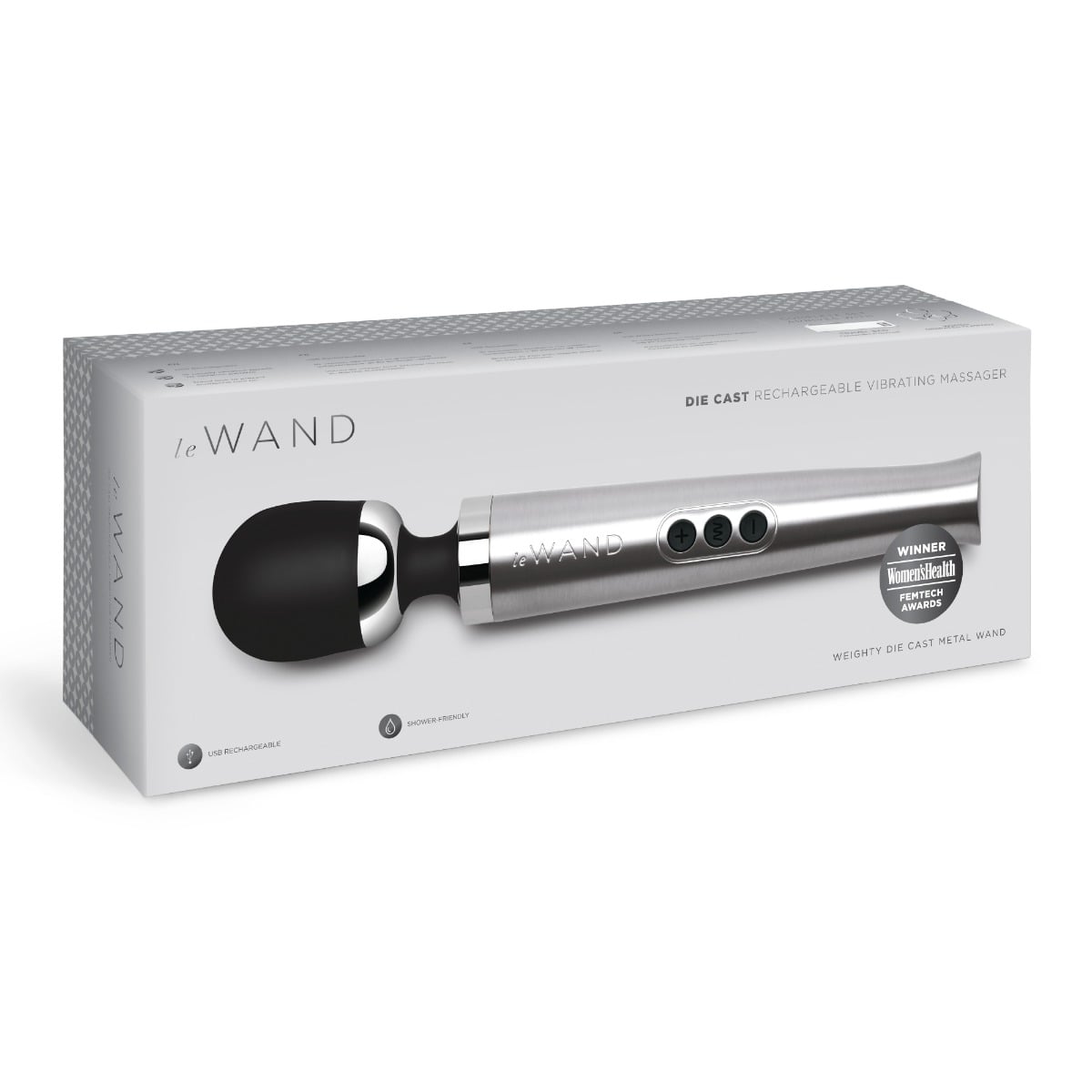 Le Wand Diecast Rechargeable Massager Silver packaging