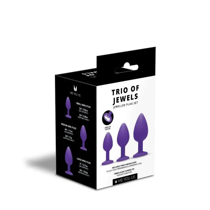 Me You Us Trio Of Jewels Jewelled Butt Plug Set Purple rear and side packaging