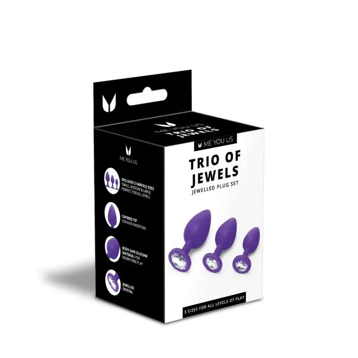 Me You Us Trio Of Jewels Jewelled Butt Plug Set Purple front and side packaging