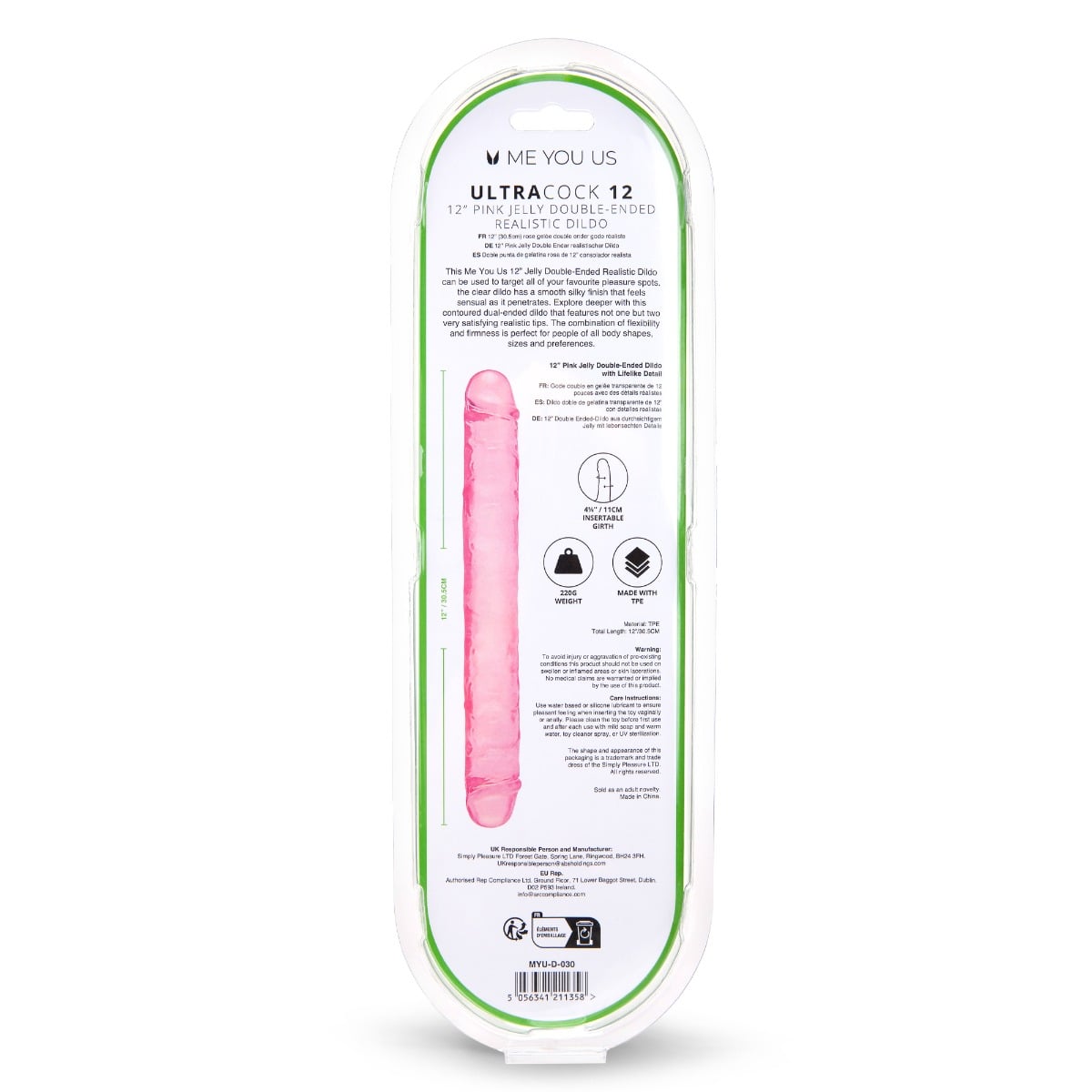 Me You Us Ultra Cock Jelly Double Ended Dildo Pink 12 Inch packaging rear