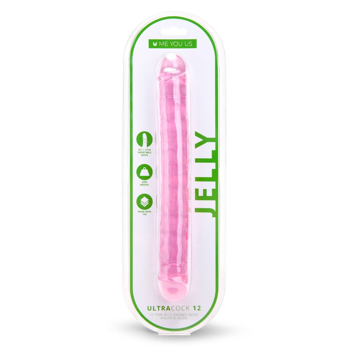 Me You Us Ultra Cock Jelly Double Ended Dildo Pink 12 Inch packaging front
