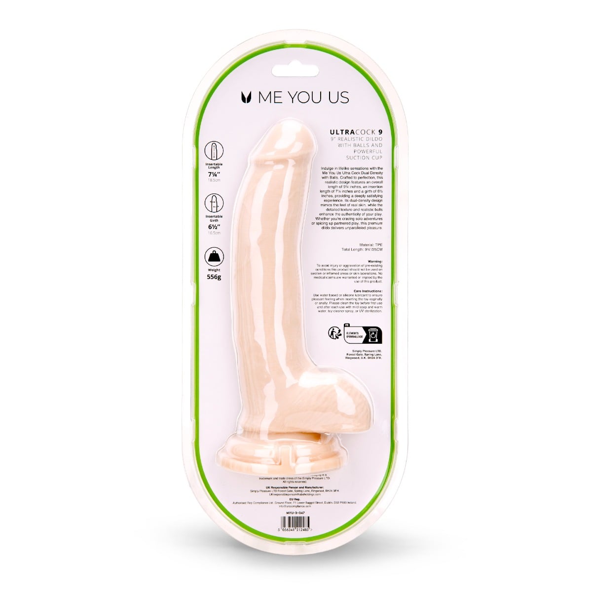 Me You Us Ultra Cock Dual Density Dildo With Balls 9 Inch packaging rear