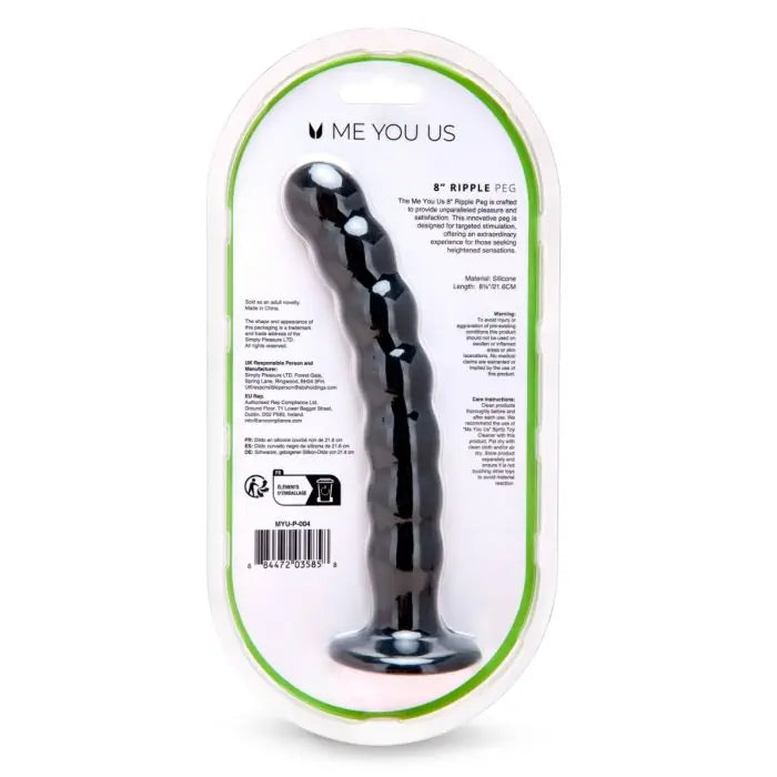 Me You Us Ripple Pegging Dildo Black 8" rear packaging