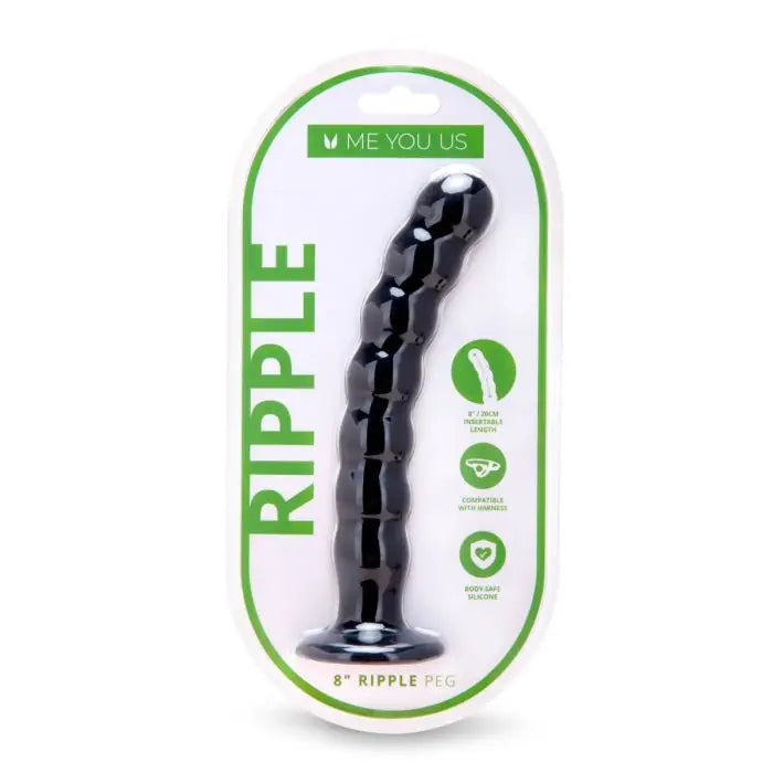 Me You Us Ripple Pegging Dildo Black 8" front packaging