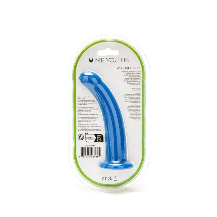 Me You Us Curved Silicone Pegging Dildo Blue 6" rear packaging