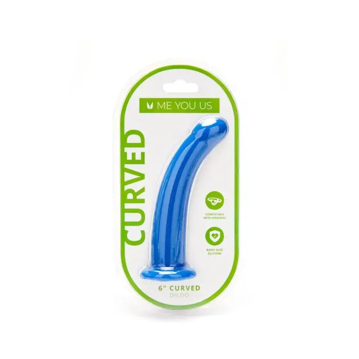 Me You Us Curved Silicone Pegging Dildo Blue 6" front packaging