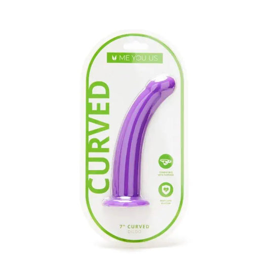 Me You Us Curved Pegging Silicone Dildo 7" Purple front packaging