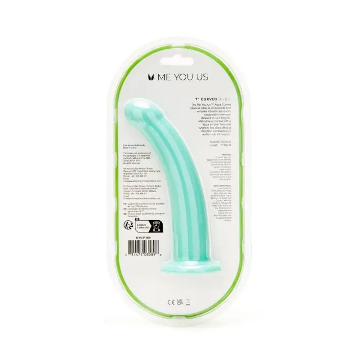 Me You Us Curved Pegging Silicone Dildo 7" Aqua rear packaging
