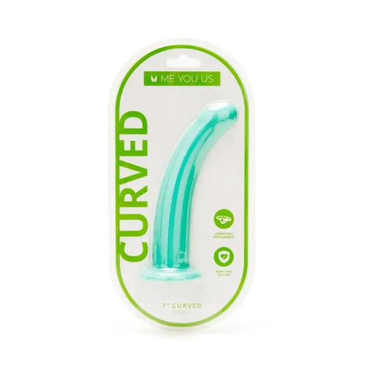 Me You Us Curved Pegging Silicone Dildo 7" Aqua front packaging