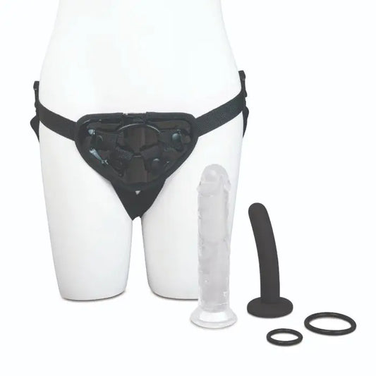 Black Me You Us Complete Strap-On Harness Kit with silicone ring and two dildos on a white background