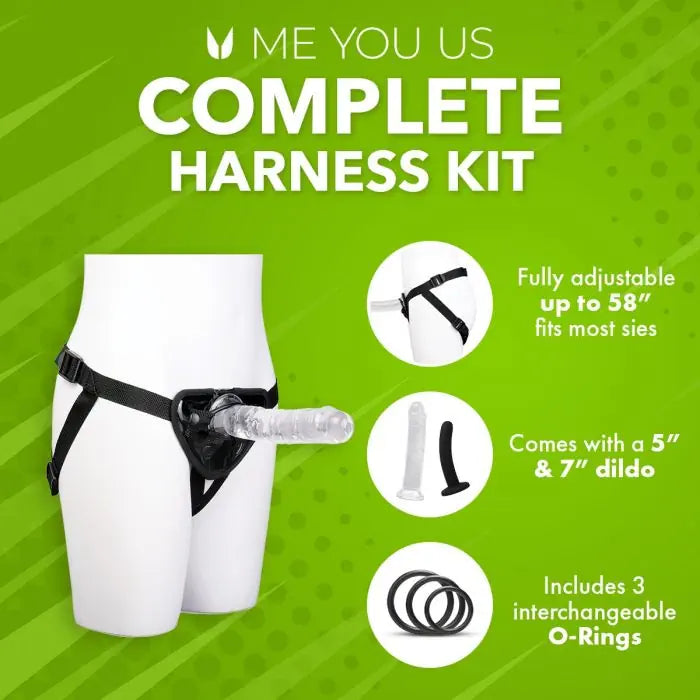 Key features diagram of Me You Us Complete Strap-On Harness Kit.