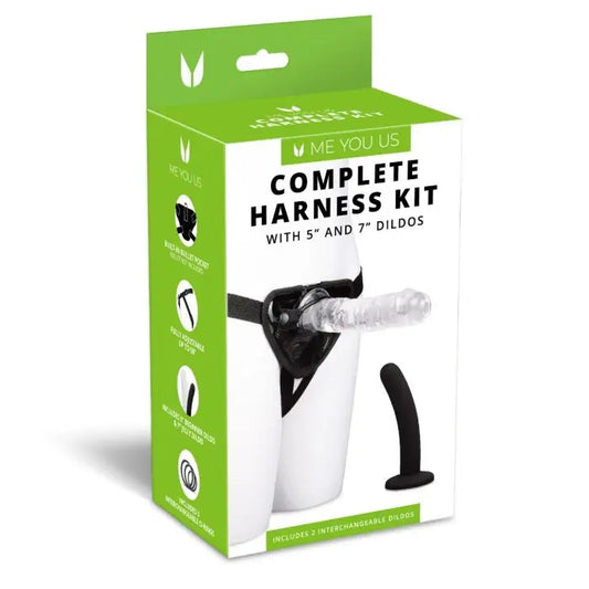 Product packaging for Me You Us Complete Strap-On Harness Kit with dildos on a white background