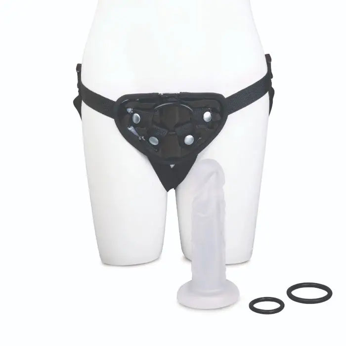 Black Me You Us Frosted Strap-On Harness Kit on a white mannequin, with additional rings on a white background