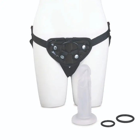 Black Me You Us Frosted Strap-On Harness Kit on a white mannequin, with additional rings on a white background