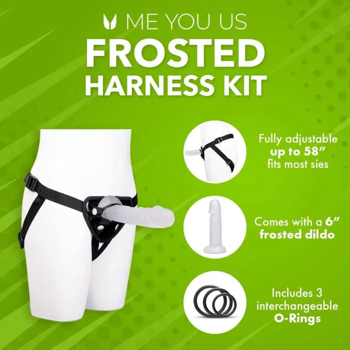 Me You Us Frosted Strap-On Harness Kit with mannequin display and product features on a green background