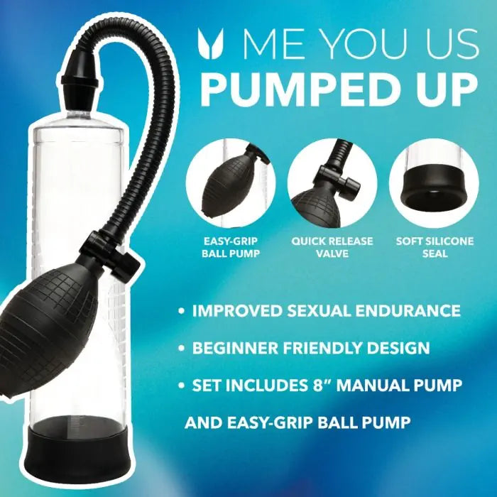Features graphic showcasing Me You Us Pumped Up Penis Pump Clear