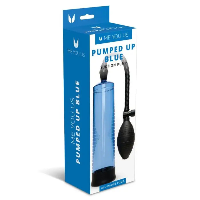 Me You Us Pumped Up Penis Pump Blue front and side packaging