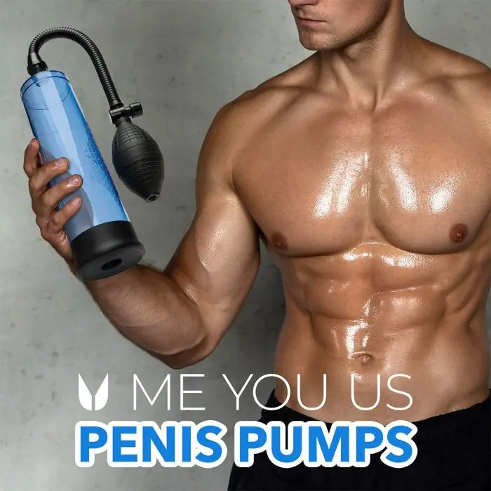 Model holding Me You Us Pumped Up Penis Pump Blue