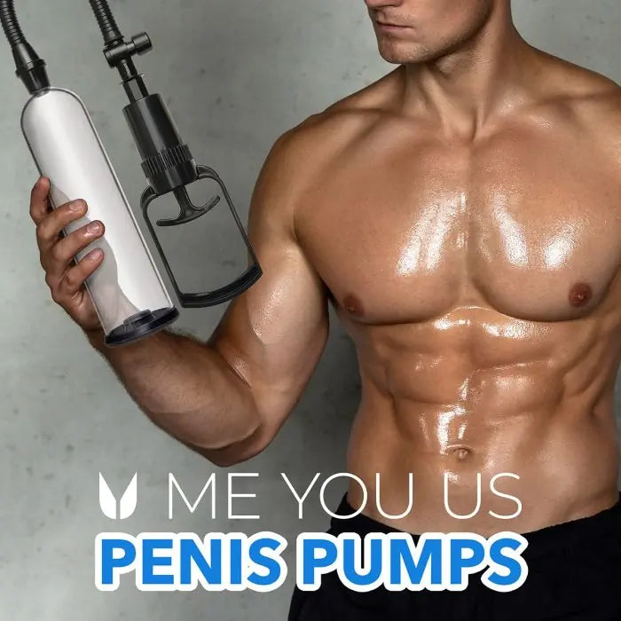 Model holding Me You Us Trigger Suction Penis Pump