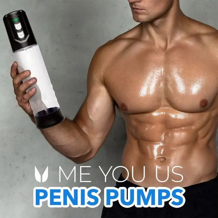 Model holding Me You Us Auto Suction Penis Pump