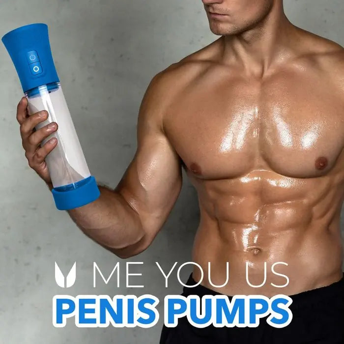 Model holding Me You Us Pro Rechargeable Suction Penis Pump