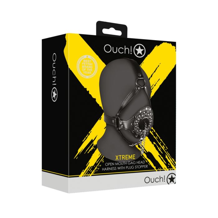 Ouch Xtreme Open Mouth Gag Head Harness with Plug Stopper