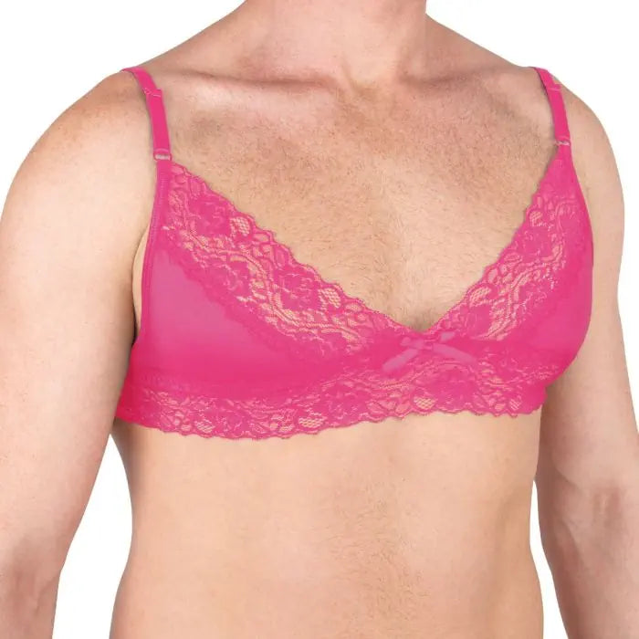 Prowler Male Lace Bra - Pink lace bra on a white background worn by a male model