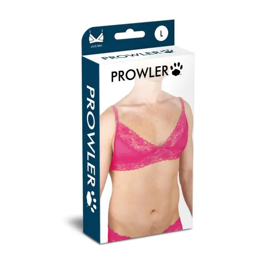 Prowler Male Lace Bra lingerie packaging with a pink bra on a white background