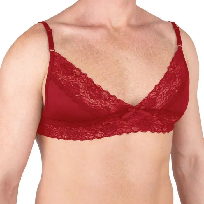 Prowler Male Red lace bra on a white background worn by a male model
