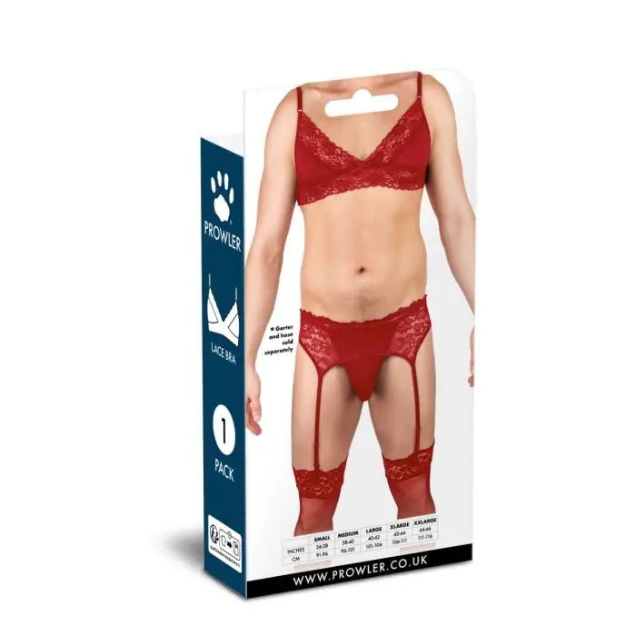 Prowler Male Bra Red lingerie set on a male model ear packaging