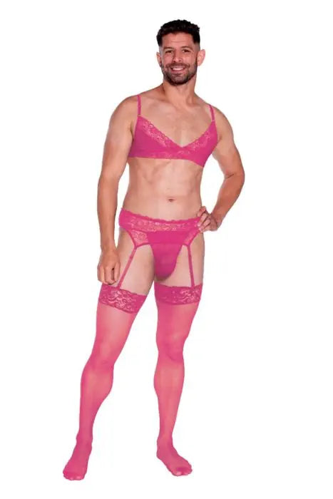 Man wearing a Prowler pink male lingerie set on a white background